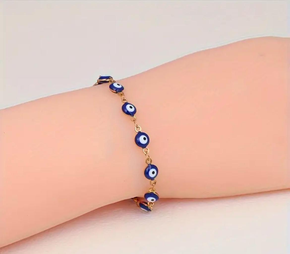 PULSERA OJO TURCO AZUL Y BOLITAS DORADAS