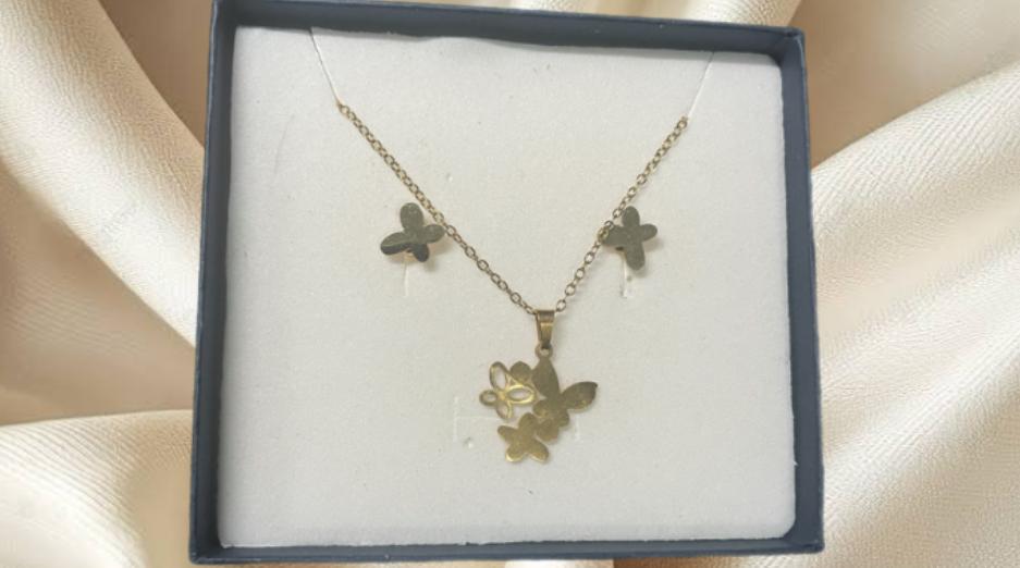 JUEGO DE CADENA CON DIJE DE MARIPOSA Y ARETES