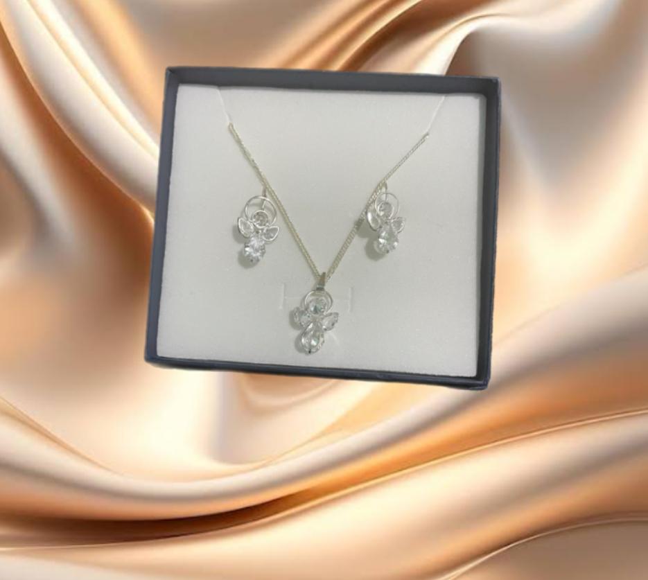 JUEGO DE CADENA, DIJE Y ARETES DE ANGEL DE CRISTAL